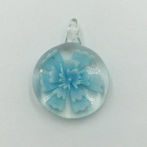 Clear GLASS PENDANT with 3D Blue Glass Flower Inside